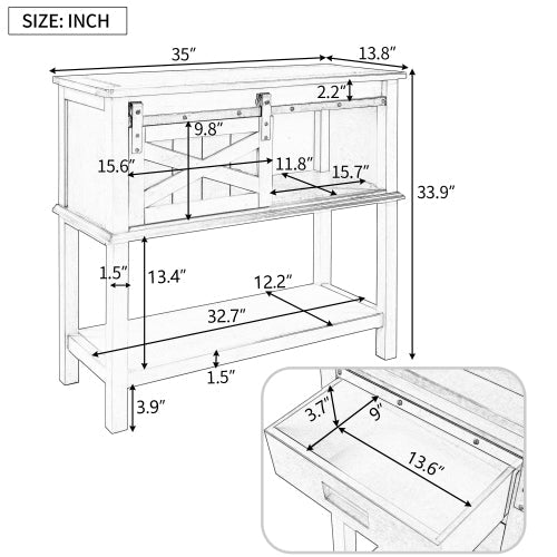 35 Inches Classic Pine Wood Console Table with Sliding Barn, Espresso