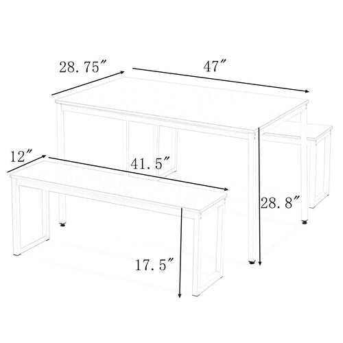 3pcs Dining Table Set with Two Benches, Brown