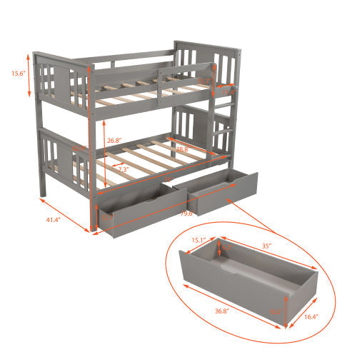 Twin over Twin Bunk Bed with Drawers, Gray