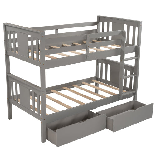 Twin over Twin Bunk Bed with Drawers, Gray