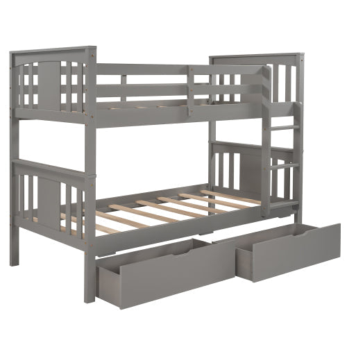 Twin over Twin Bunk Bed with Drawers, Gray