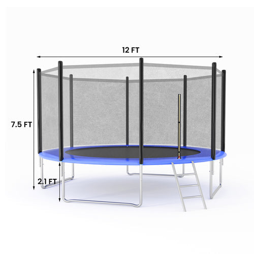 12FT Recreational Trampoline for Kids with Safety Net, Blue