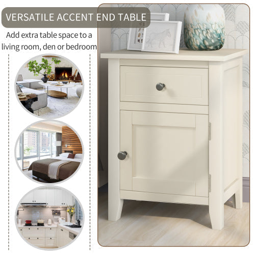 Solid Wood End Table, with Cabinet and Drawer, Beige