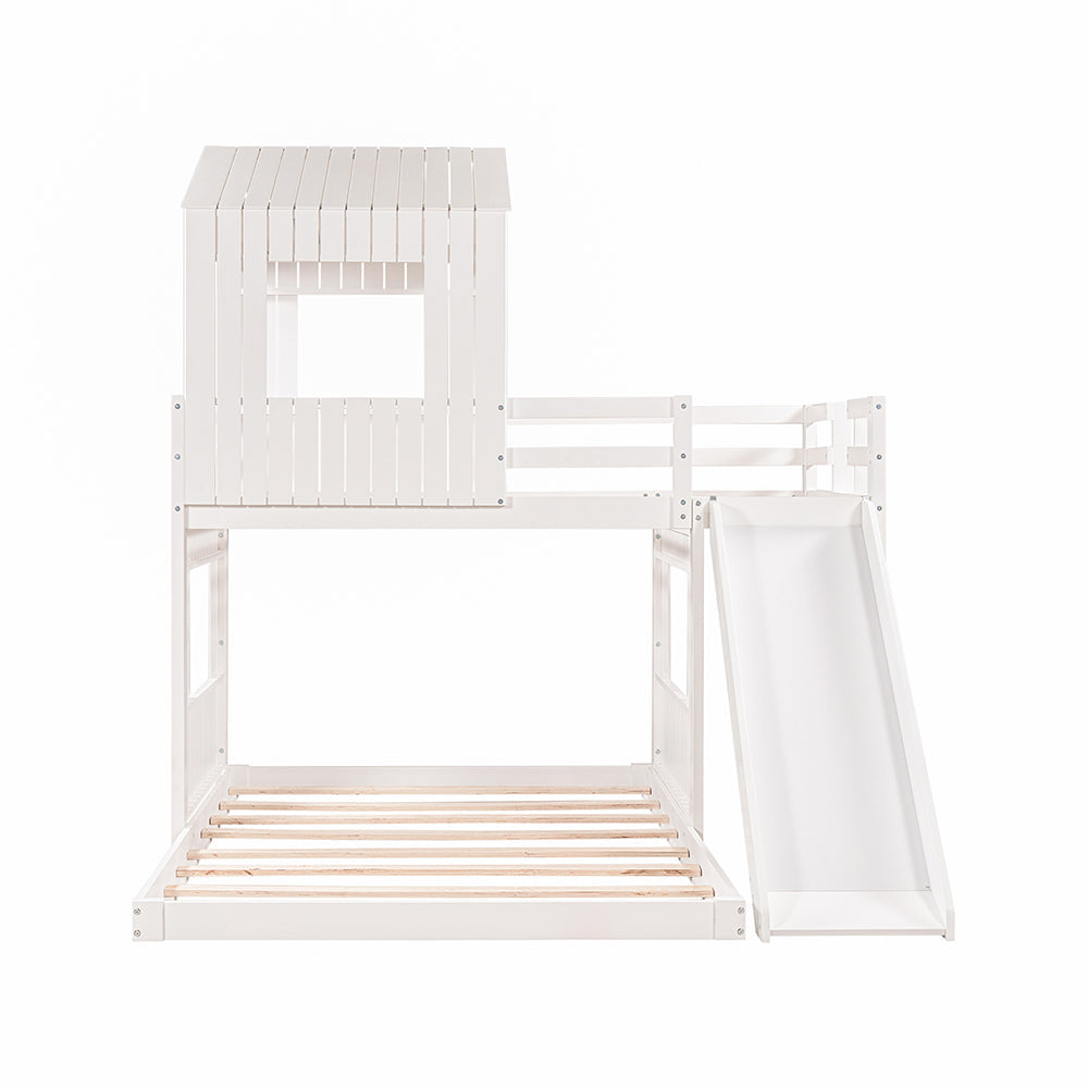 Twin Over Full Loft Bunk Bed with Playhouse, Ladder and Slide, White