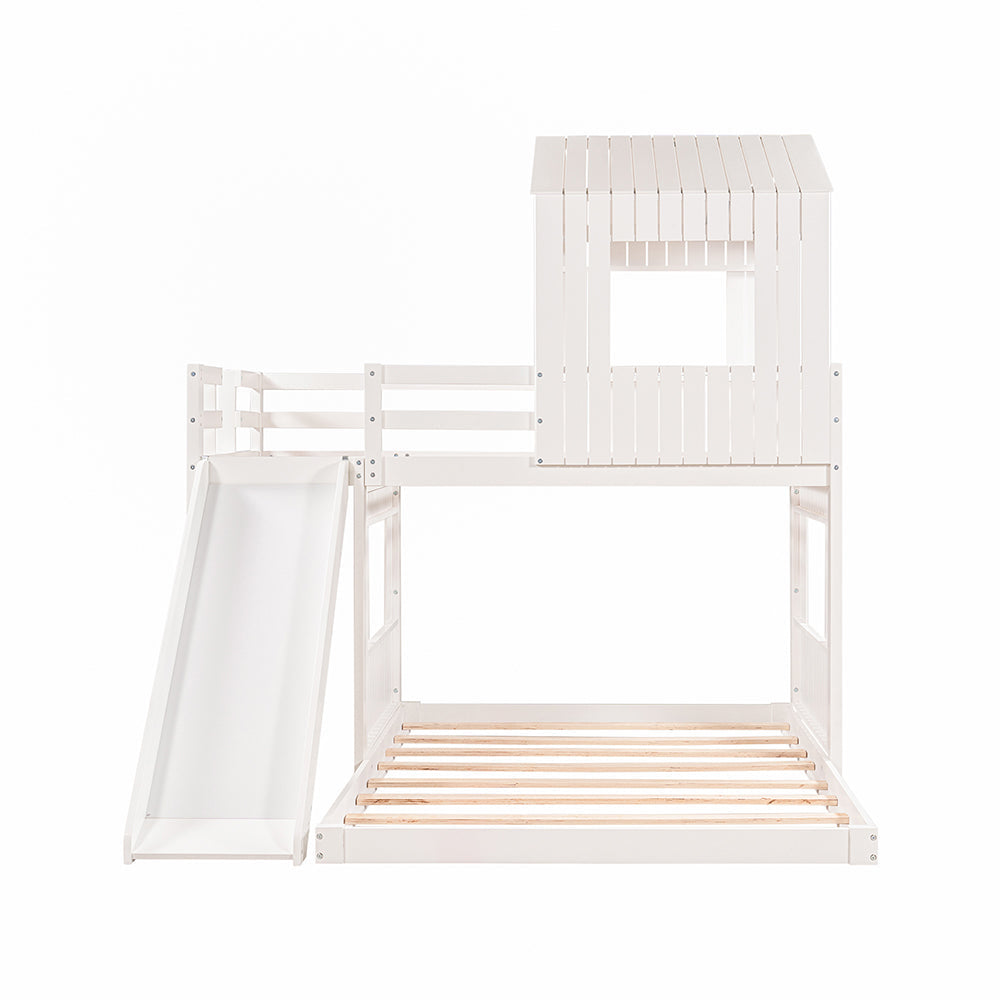 Twin Over Full Loft Bunk Bed with Playhouse, Ladder and Slide, White