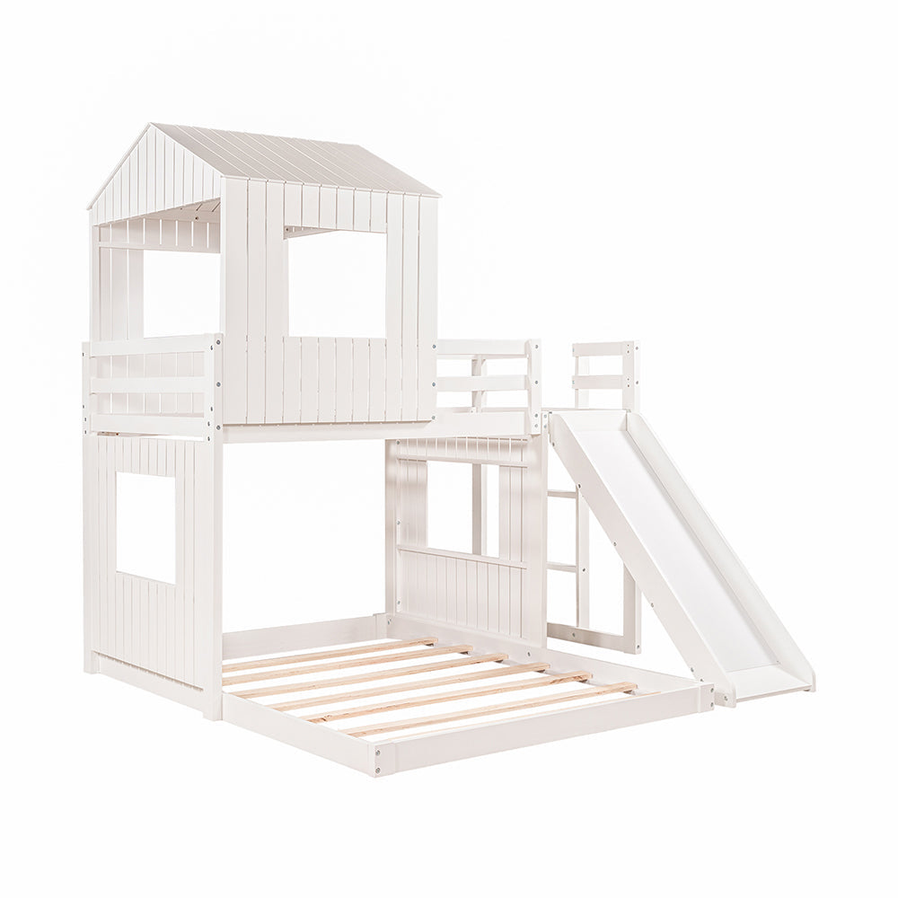 Twin Over Full Loft Bunk Bed with Playhouse, Ladder and Slide, White