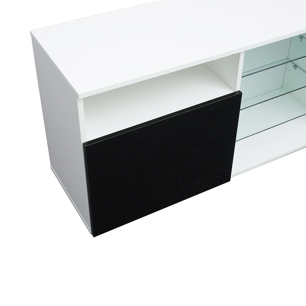 High Gloss Doors TV Stand with LED, 3 Drawer and Open Shelves, White/Black