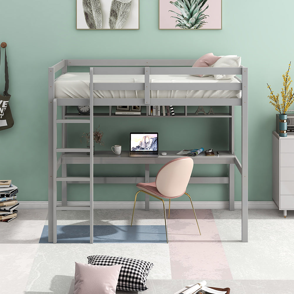 Twin Size Loft Bed with Desk and Shelves