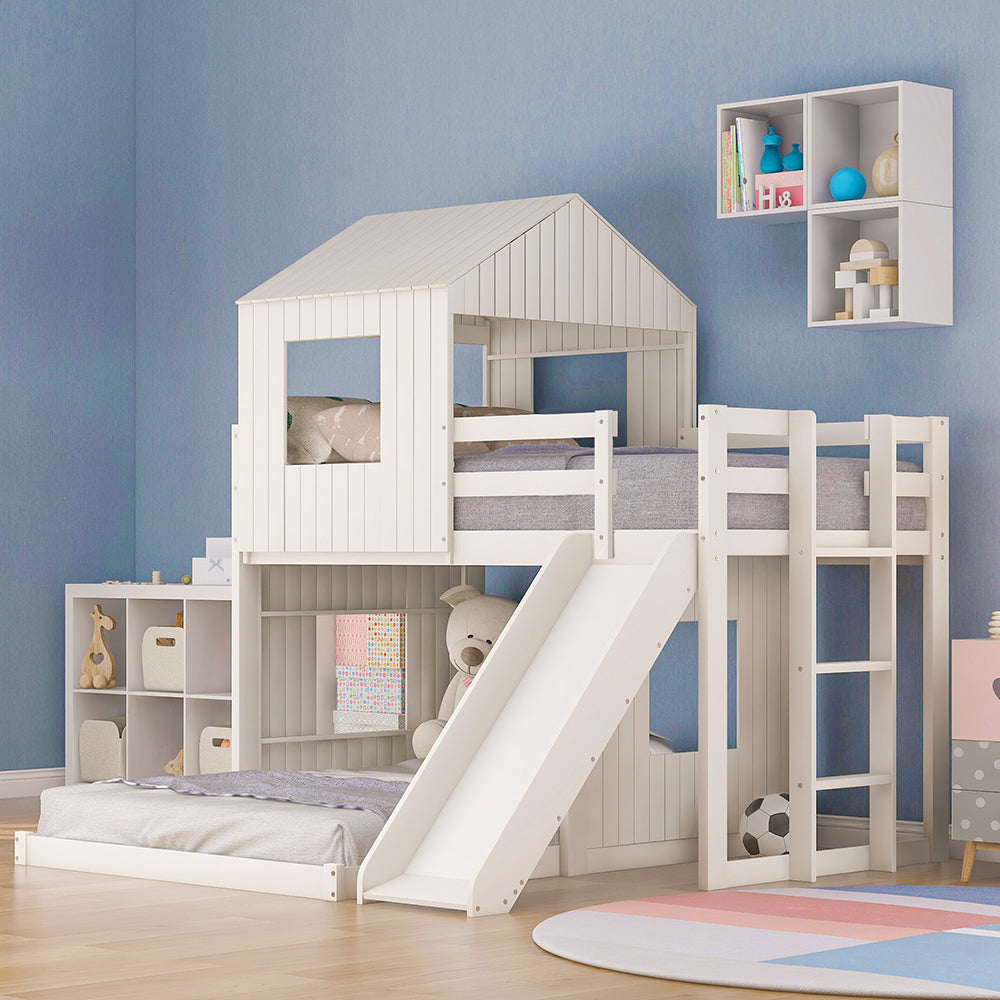 Twin Over Full Loft Bunk Bed with Playhouse, Ladder and Slide, White