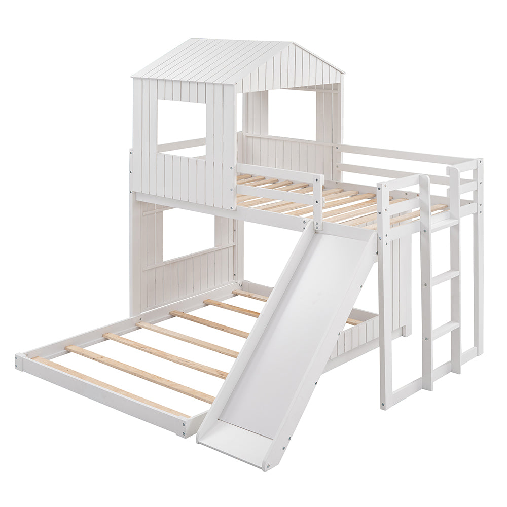 Twin Over Full Loft Bunk Bed with Playhouse, Ladder and Slide, White