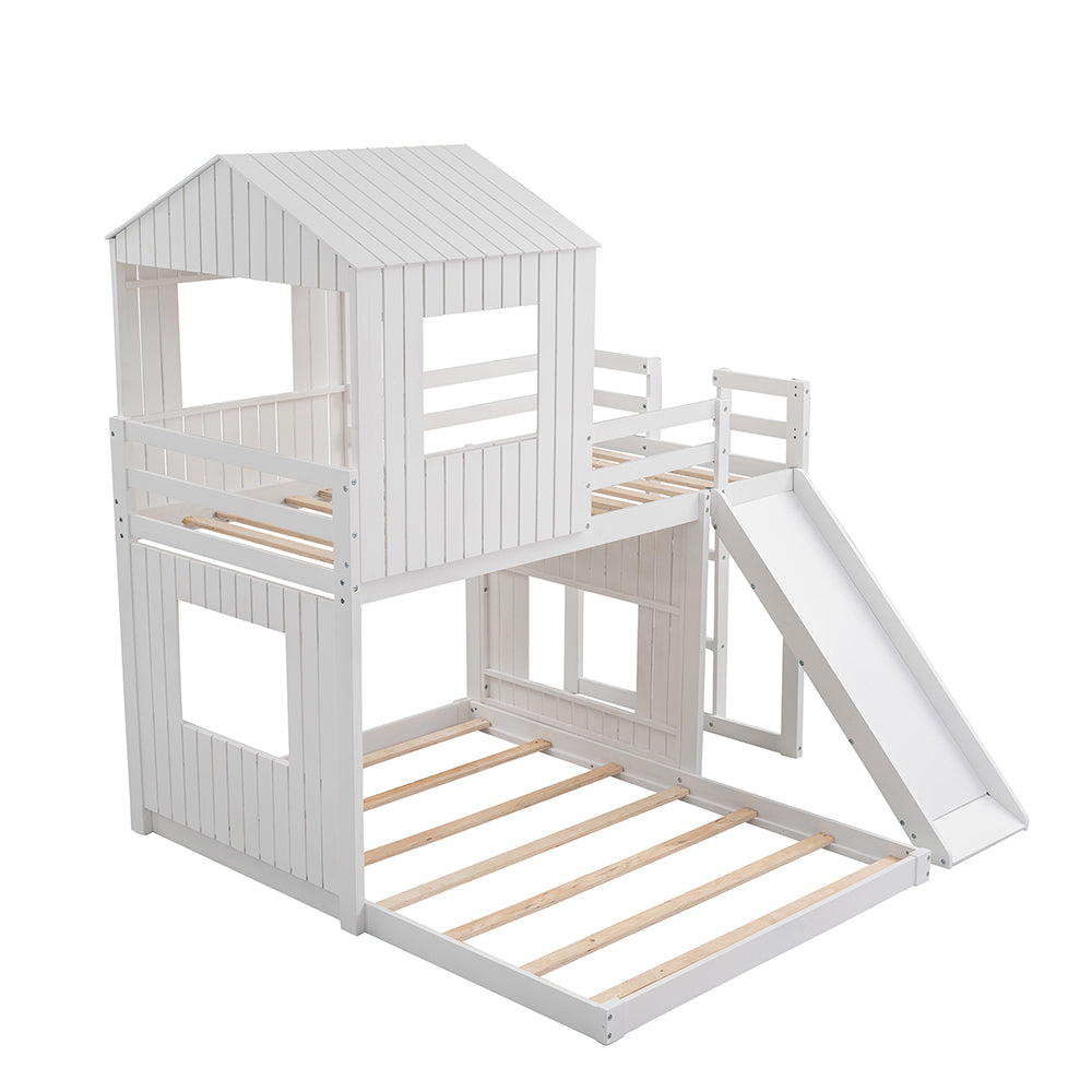 Twin Over Full Loft Bunk Bed with Playhouse, Ladder and Slide, White