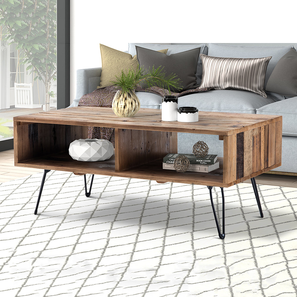 Foldable Legs Coffee Table with 2 Open Shelves