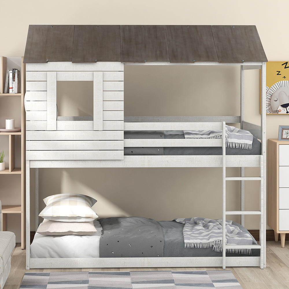 Twin Over Twin Bunk Bed with Roof