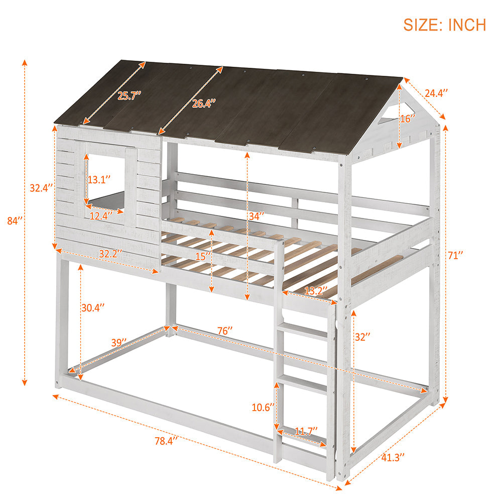 Twin Over Twin Bunk Bed with Roof