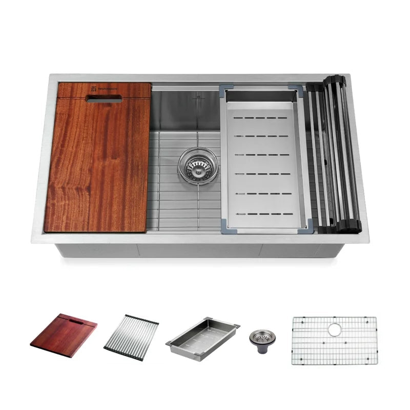 32 Inch Workstation Kitchen Sink With Intergrated Ledge And Accessories