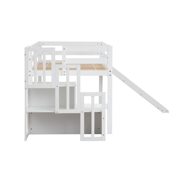 Twin Size Loft Bed with Staircase and Slide, White