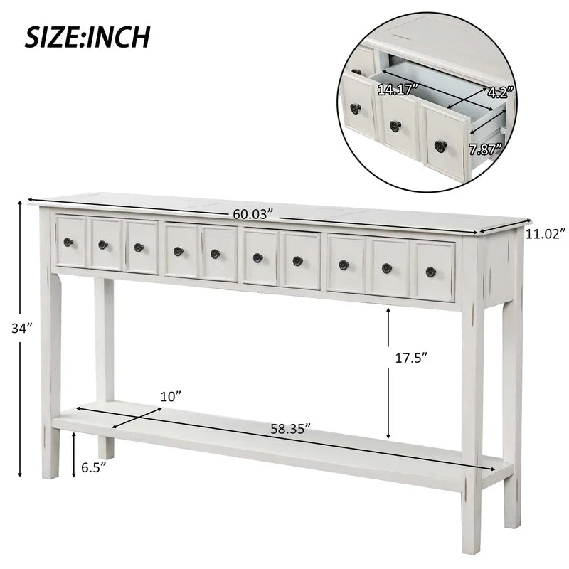 60 Inches Rustic Solid Wood Console Table, Antique White