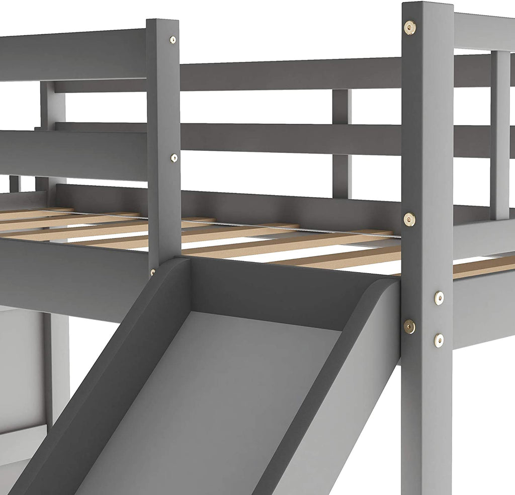 Twin Over Twin Floor Bunk Bed with Slide and Stair, Gray