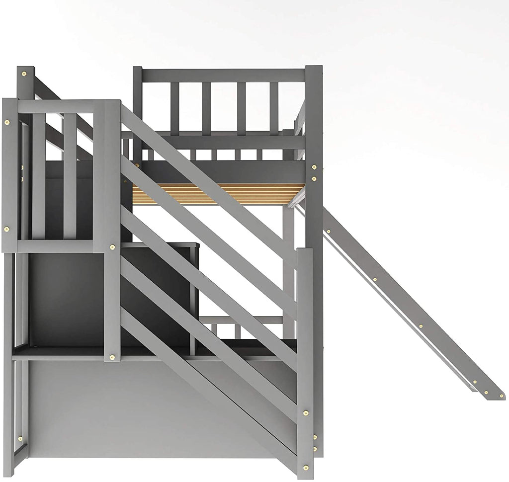 Twin Over Twin Floor Bunk Bed with Slide and Stair, Gray