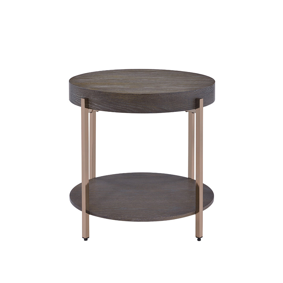 Wooden Round End Table with Shelf, Dark Oak & Champagne