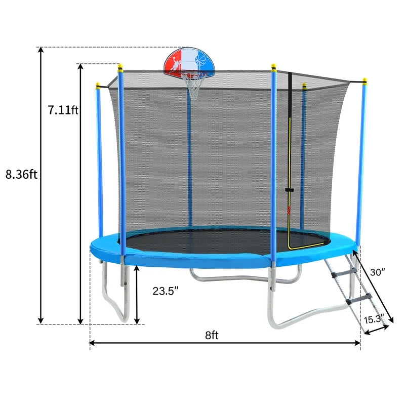 8FT Trampoline with Safety Enclosure Net, Basketball Hoop and Ladder