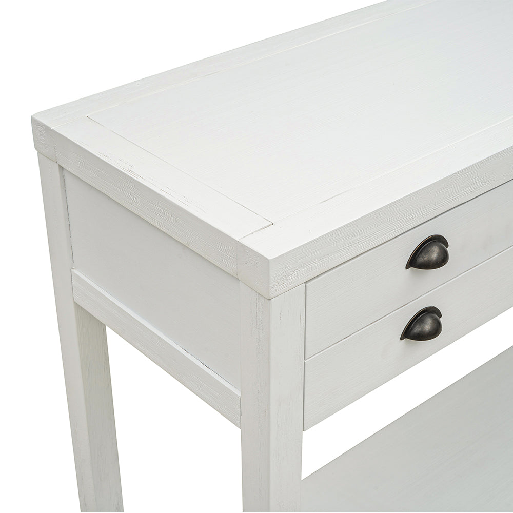 Retro Wooden Console Table with Two Big Top Drawers and Open Style Shelf, White