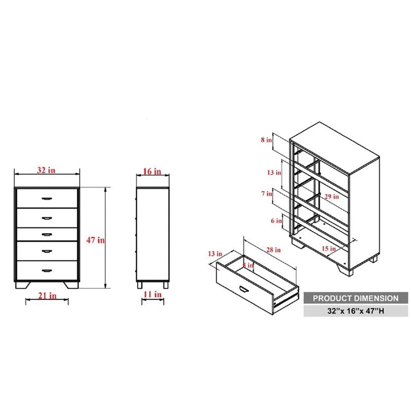 47'' Tall Solid Wood 5 - Drawer Chest Cabinet, White & Espresso