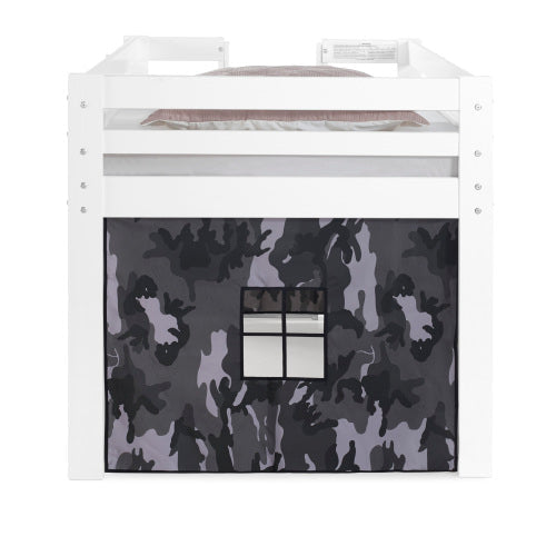 Twin Junior Loft Bed with Bottom Playhouse Tent, White & Camouflage