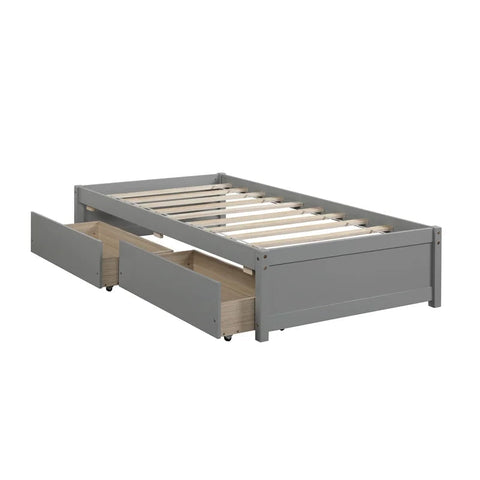 Twin Solid Wood Platform Bed with 2 Storage Drawers, Gray