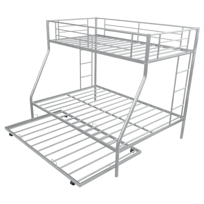 Twin over Full Bunk Bed with Trundle and Two Ladders, Silver