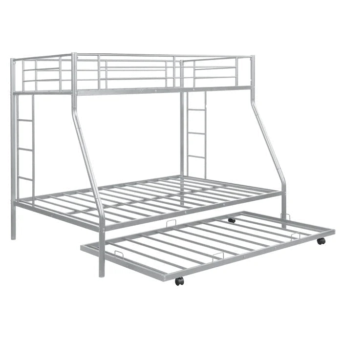Twin over Full Bunk Bed with Trundle and Two Ladders, Silver