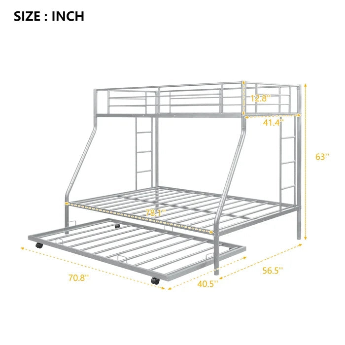 Twin over Full Bunk Bed with Trundle and Two Ladders, Silver