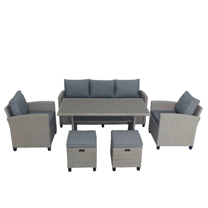 6-pcs Outdoor Rattan Wicker Set Patio Garden Backyard Sofa, Chair, Stools and Table