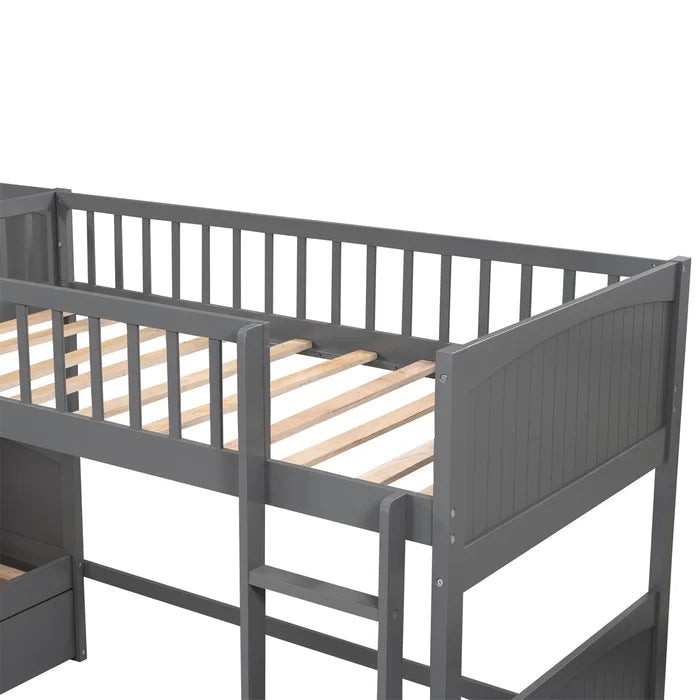 Twin Size Bunk Bed with a Loft Bed attached, with Two Drawers, Gray