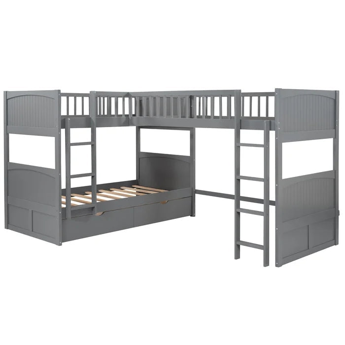 Twin Size Bunk Bed with a Loft Bed attached, with Two Drawers, Gray