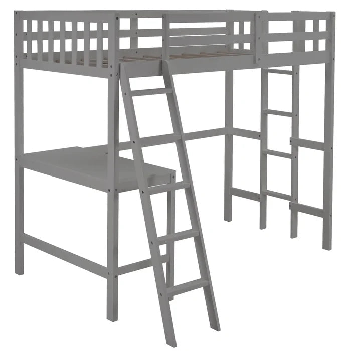 Twin Size Loft Bed with Desk and Two Ladders, Gray