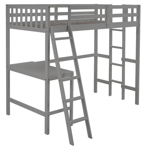 Twin Size Loft Bed with Desk and Two Ladders, Gray