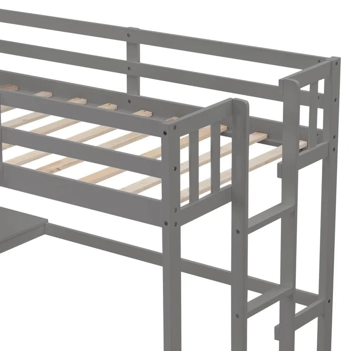 Twin Size Loft Bed with Desk and Two Ladders, Gray
