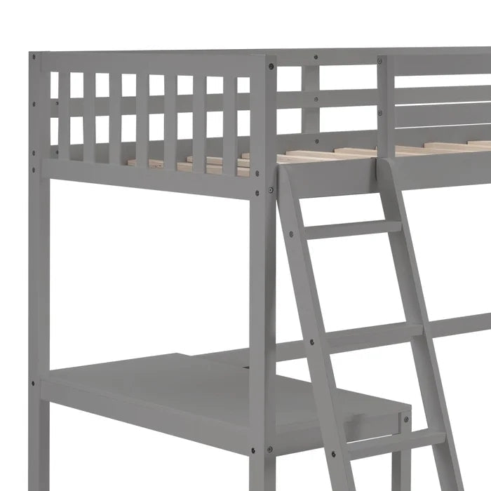 Twin Size Loft Bed with Desk and Two Ladders, Gray