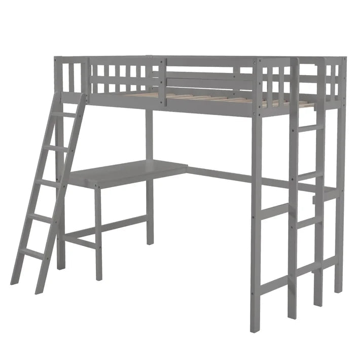 Twin Size Loft Bed with Desk and Two Ladders, Gray