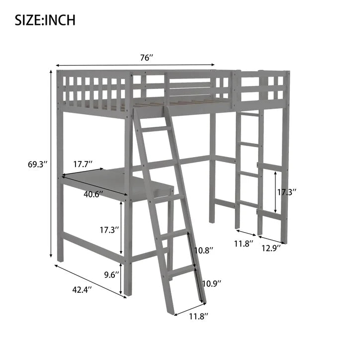 Twin Size Loft Bed with Desk and Two Ladders, Gray