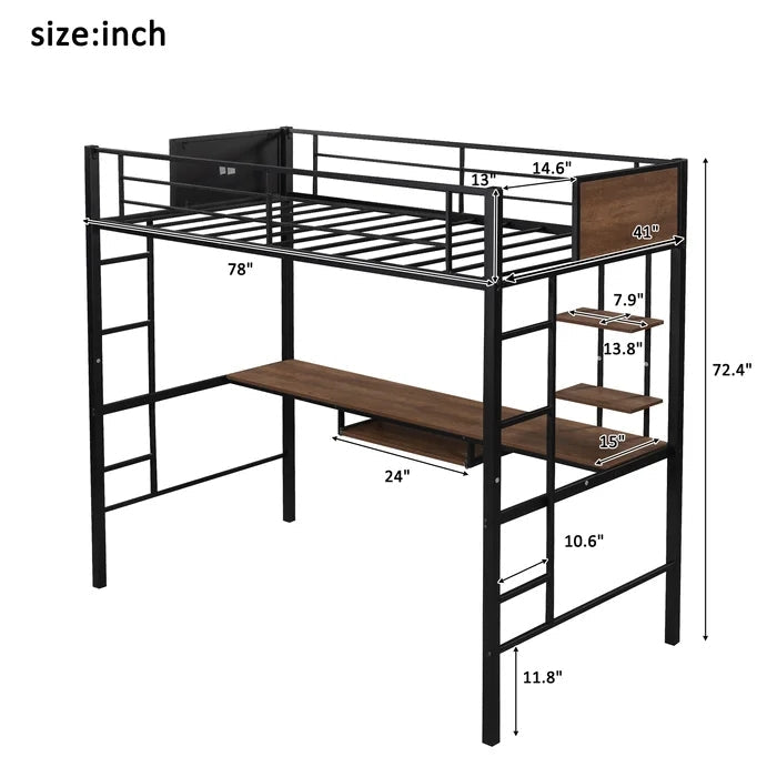 Twin Loft Bed with Built-in-Desk & Shelf and 2 Ladder, Black