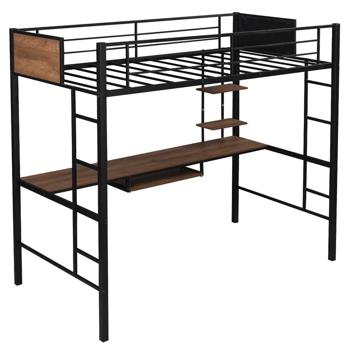 Twin Loft Bed with Built-in-Desk & Shelf and 2 Ladder, Black