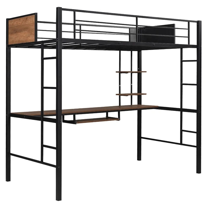 Twin Loft Bed with Built-in-Desk & Shelf and 2 Ladder, Black