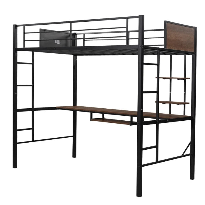 Twin Loft Bed with Built-in-Desk & Shelf and 2 Ladder, Black