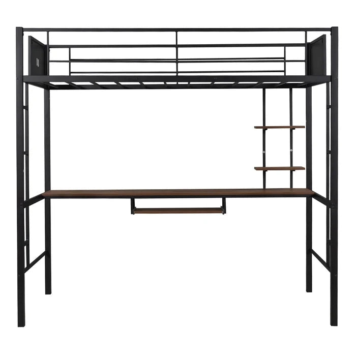 Twin Loft Bed with Built-in-Desk & Shelf and 2 Ladder, Black