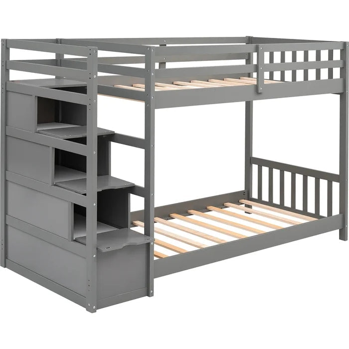 Twin over Twin Double Parallel Bunk Beds with Storage Staircase, Gray