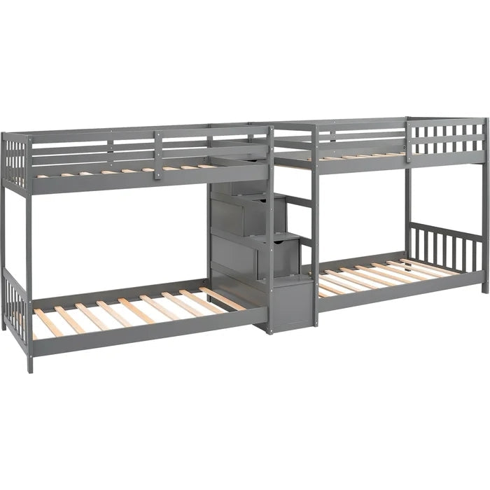 Twin over Twin Double Parallel Bunk Beds with Storage Staircase, Gray