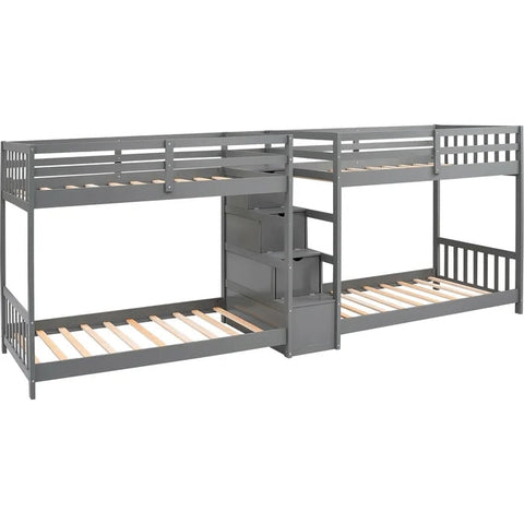 Twin over Twin Double Parallel Bunk Beds with Storage Staircase, Gray