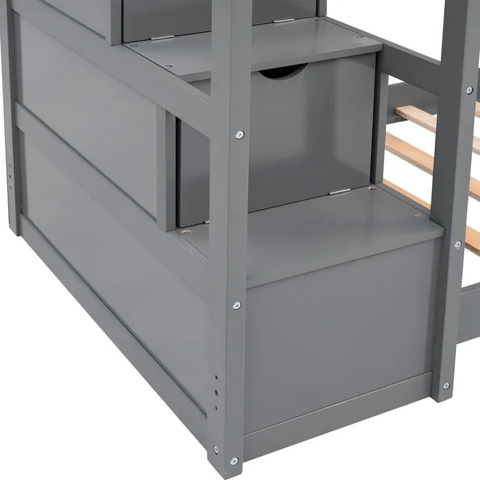 Twin over Twin Double Parallel Bunk Beds with Storage Staircase, Gray